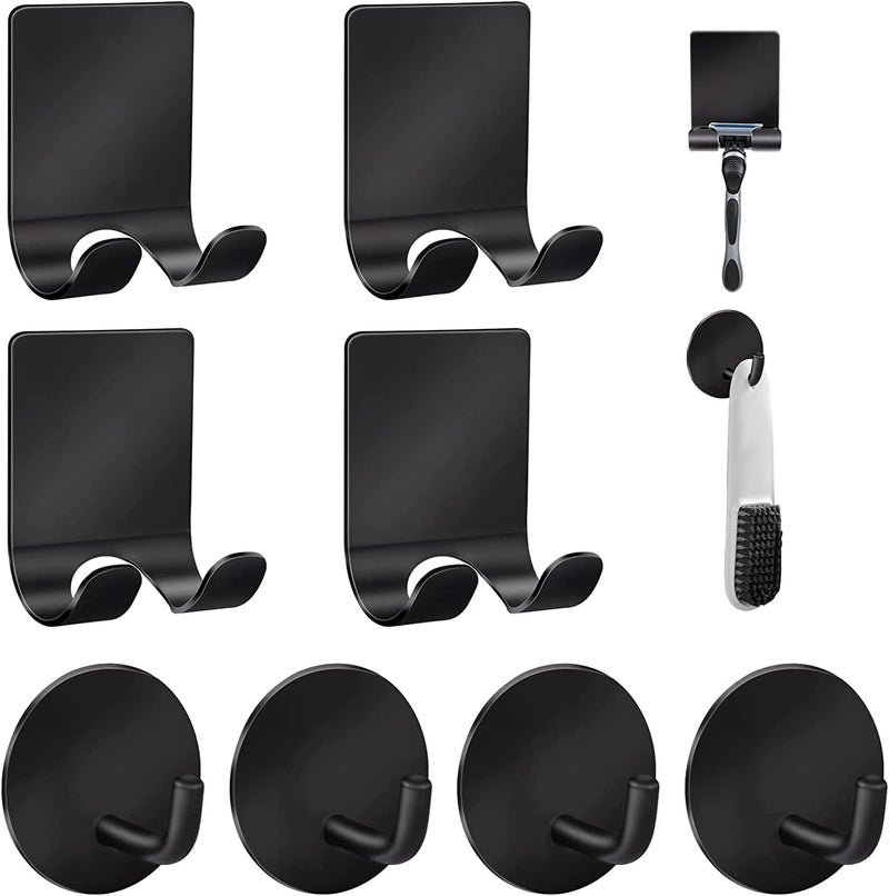 Diesisa Razor Holder for Shower + Adhesive Wall Hooks  Premium 304 Stainless Steel Shower Razor Holder with Heavy Duty Waterproof Sticky Hooks for Hanging Towels  Coat  hat (4+4 Pack) - Black - Image 1